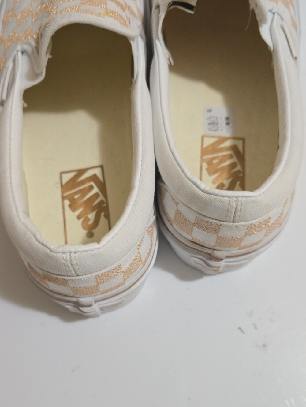 Woman Vans Slip-On Checkerboard Sneakers in Beige and White - Picture 4 of 7